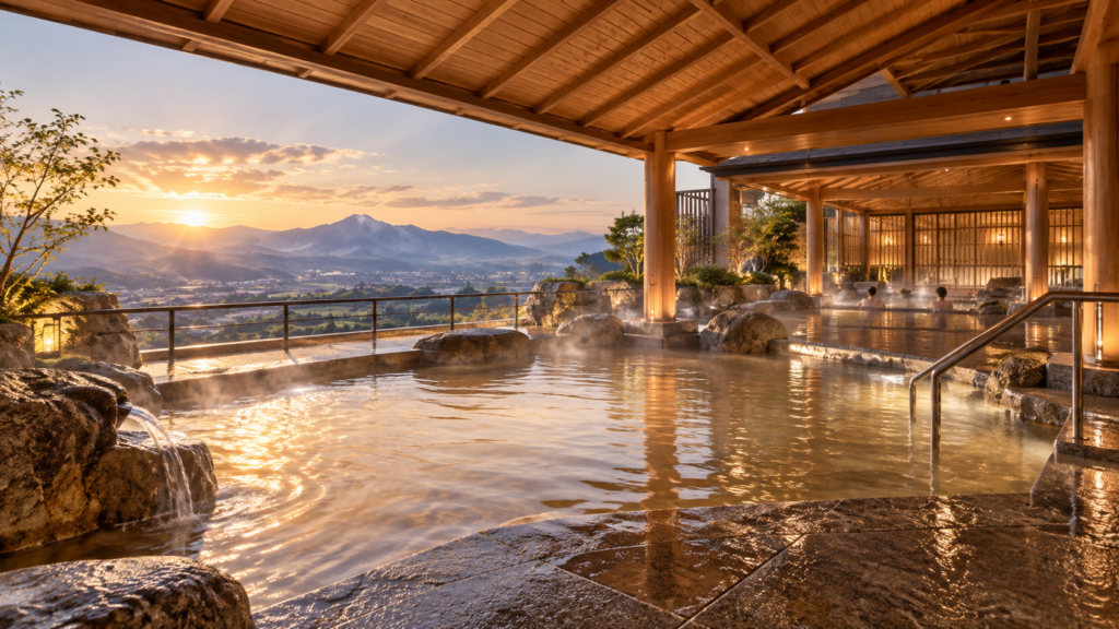 山並みを望むホテル木暮の広々とした露天風呂で温泉を楽しむ高級旅館のイメージ