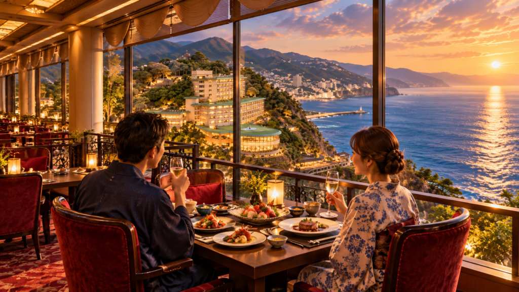 海を望むレストランで料理を楽しむホテルニューアカオの夕食シーンのイメージ