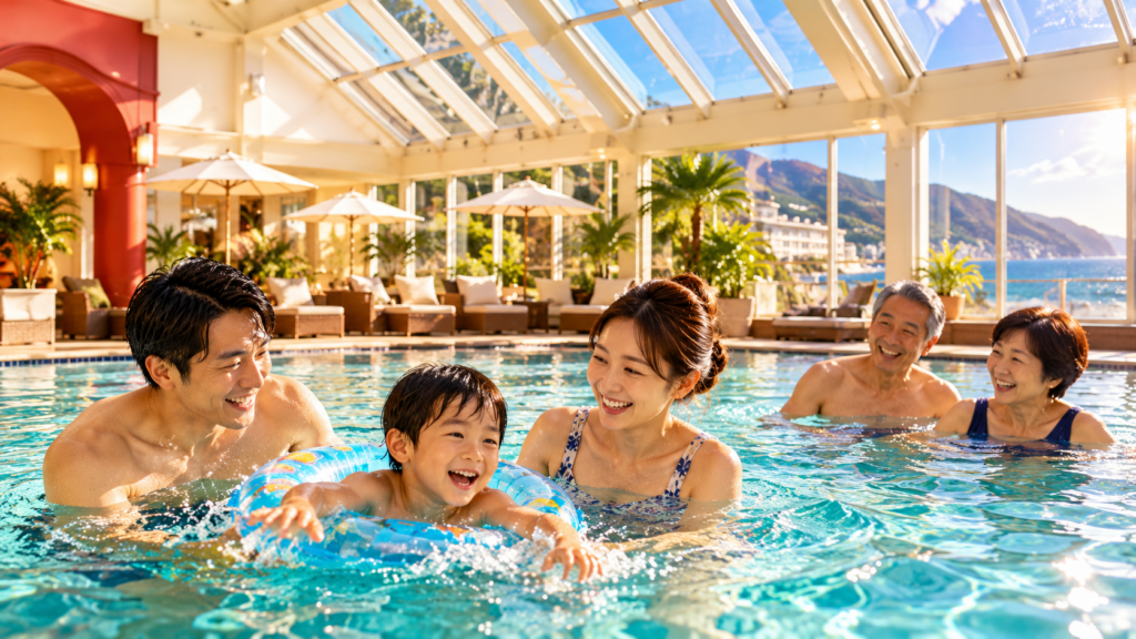 子連れ家族が屋内プールで過ごすホテルニューアカオ館内施設のイメージ