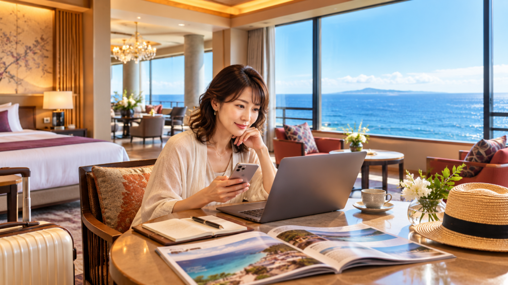 海を望む客室でホテルニューアカオの宿泊料金を調べる女性のイメージ