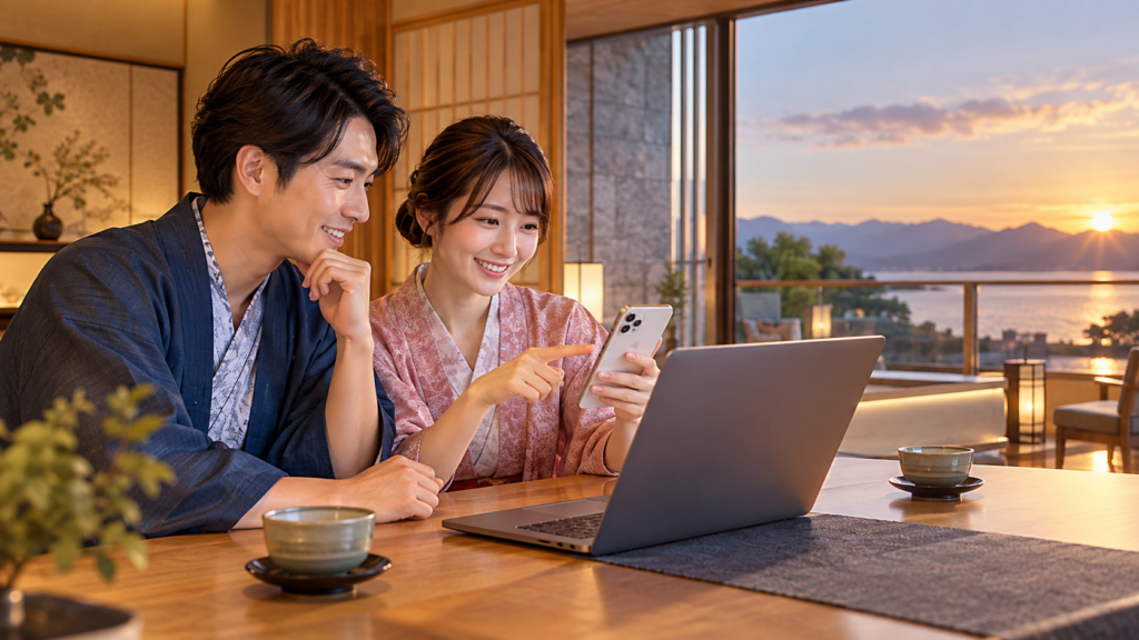 ホテル公式サイトと予約サイトの宿泊プランをパソコンとスマホで比較する日本人カップル