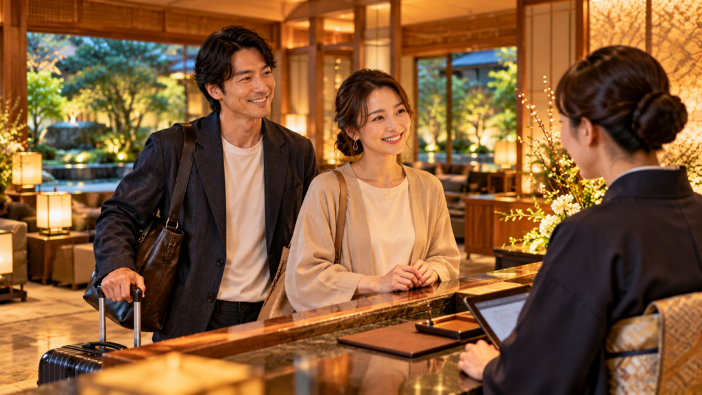 予約を済ませた日本人カップルが高級旅館のフロントでチェックインする様子
