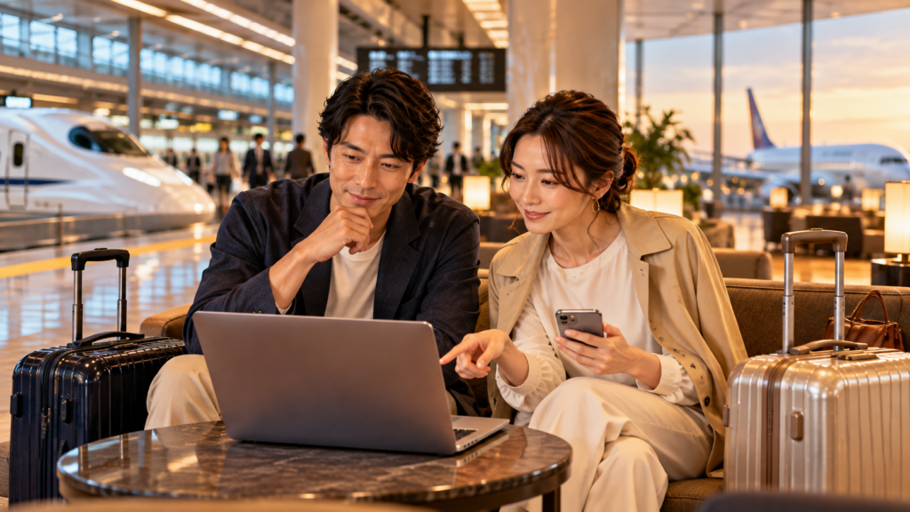 新幹線や飛行機を利用する旅行で交通費とホテル代の総額を比較する日本人カップル