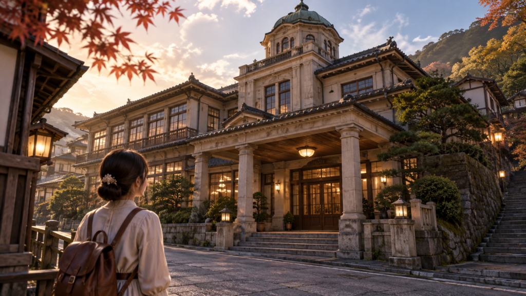 歴史ある伊香保温泉街に佇むクラシックなホテル建築を眺める旅行者のイメージ