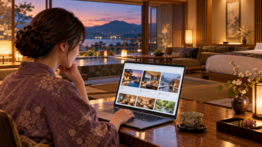 夕景を望む高級温泉旅館の客室で、ノートパソコンから宿泊プランを比較する日本人女性のイメージ