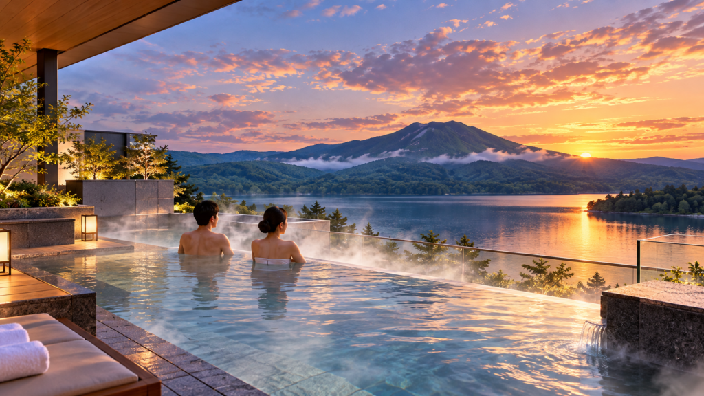 夕暮れの阿寒湖と山並みを望むニュー阿寒ホテル天空ガーデンスパのイメージ
