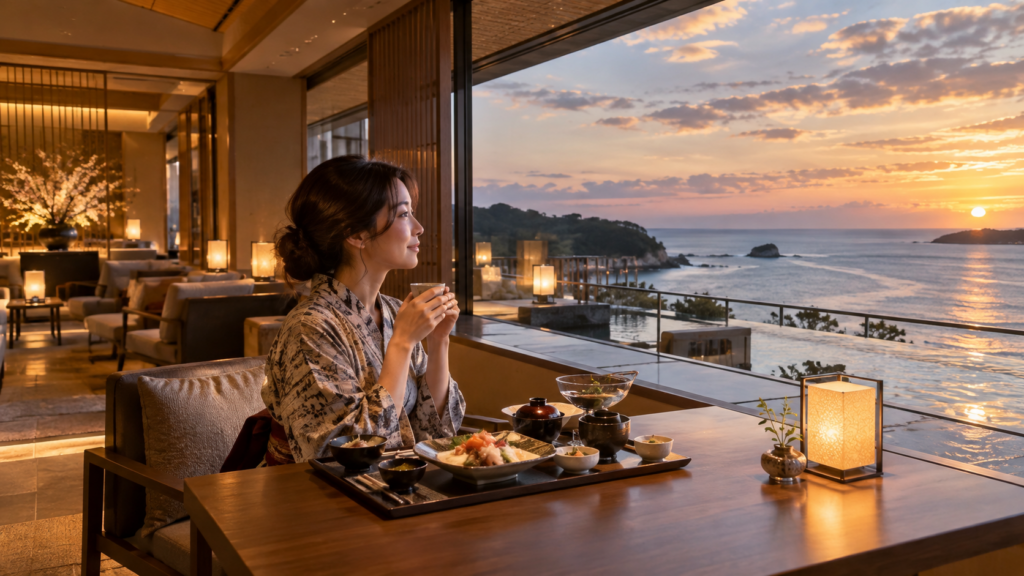 海を望む温泉宿の食事処で夕景を眺めながら食事を楽しむ日本人女性のイメージ