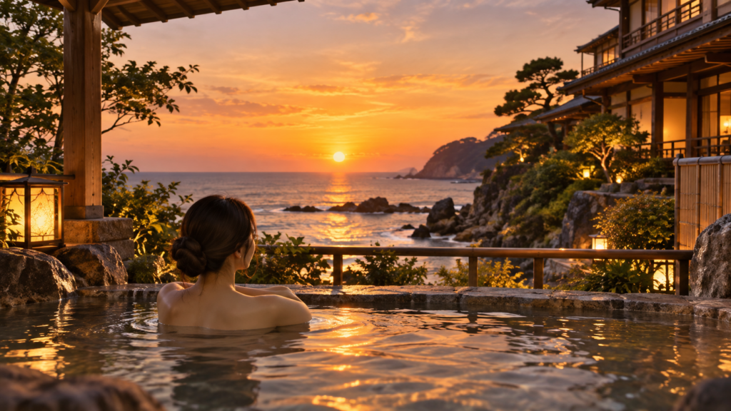 夕焼けの海を望む露天風呂で温泉を楽しむ日本人女性と海辺の旅館のイメージ