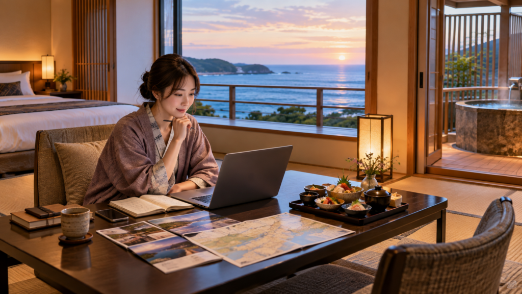 海が見える温泉宿の客室で旅行計画を立てる日本人女性と夕食のイメージ