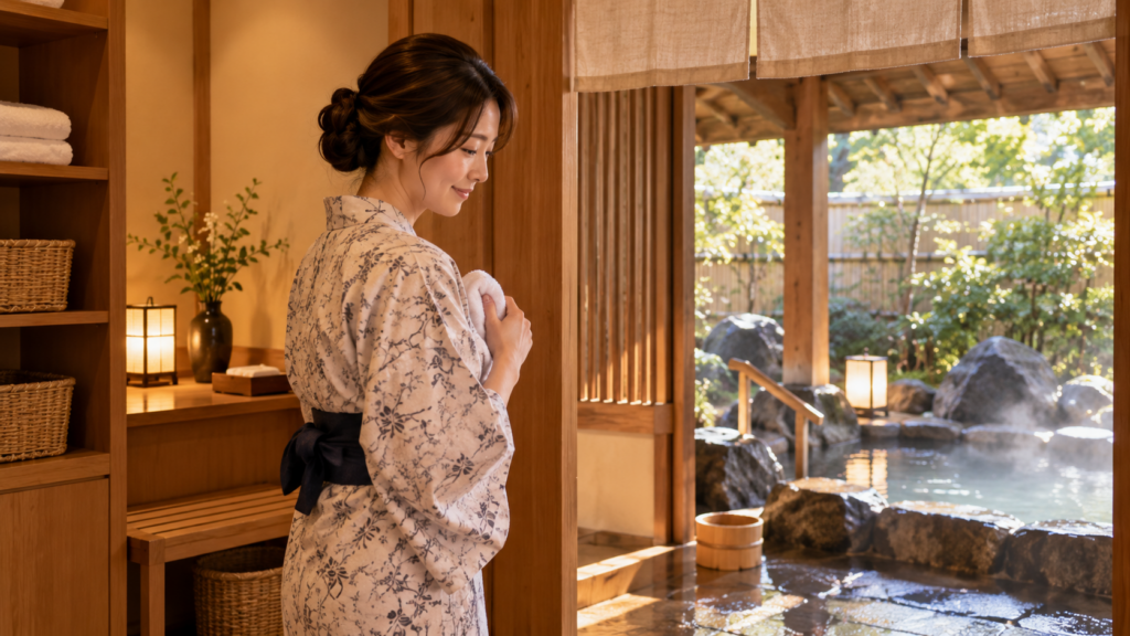 温泉旅館の露天風呂で髪をまとめタオルを持って入浴準備をする日本人女性