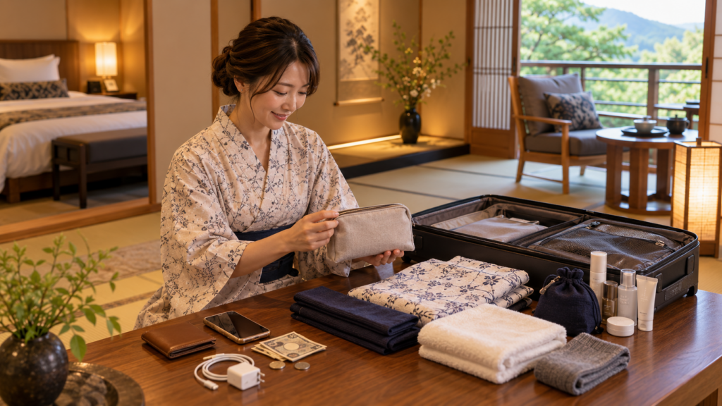 温泉旅行に必要な財布やスマホ、着替え、洗面用品などの基本的な持ち物