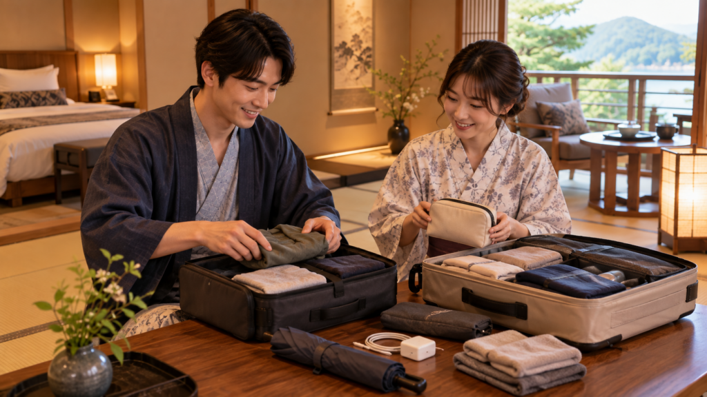 1泊2日の温泉旅行に向けて荷物を分担して準備する日本人カップル