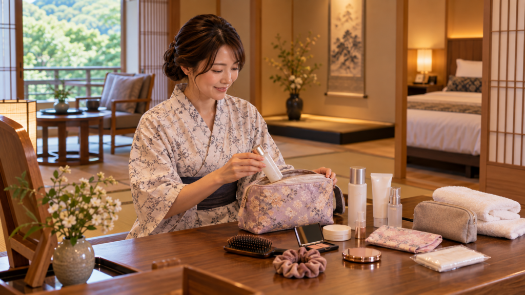 女子の温泉旅行で準備したいスキンケアやヘアケア用品を整理する日本人女性