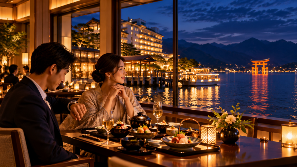 ナイトクルーズ前に安芸グランドホテルで夕食を楽しむ日本人カップルのイメージ