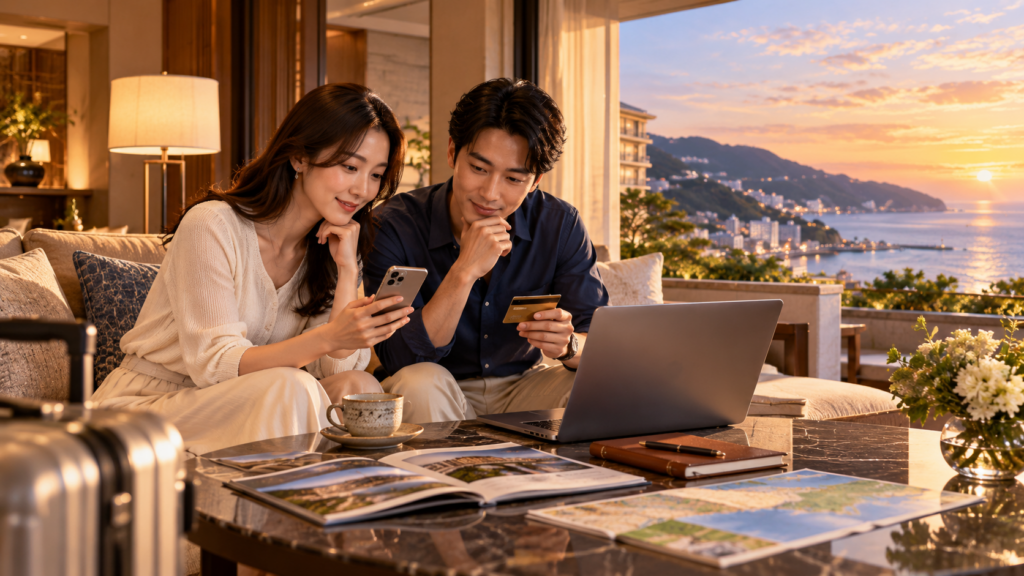 スマートフォンとパソコンで熱海ニューフジヤホテルの宿泊料金を比較する男女のイメージ