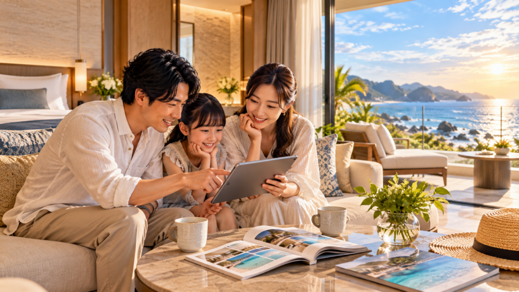 鴨川グランドホテルの客室や宿泊プランをタブレットで比較する日本人家族